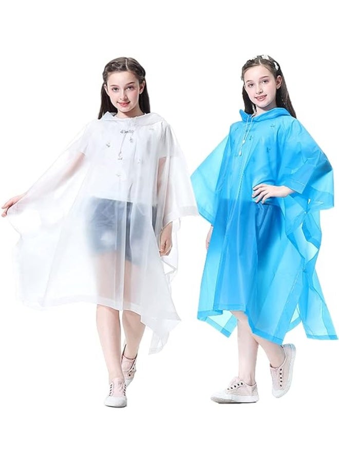ChicAbode 2 Pack Rain Poncho for Kids, Reusable Rain Ponchos for Boys and Girls, EVA Children Raincoat, Rain Ponchos with Hood, Reusable Rain Coat Jacket, for 6-13 Years Old Kids, Blue, White - Image 1